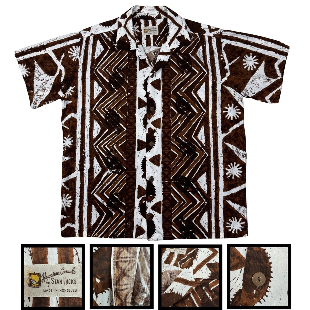 Vintage Hawaiian Casuals Stan Hicks Shirt Loop Collar Tribal Fish Mens Brown 70s